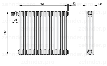 Схема (чертеж) Радиатор Zehnder Charleston 3100/13 №V012 Белый глянцевый RAL 9016